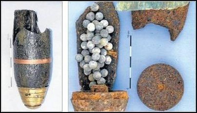 Fragmenty pocisku szrapnelowego znalezione w Zakrzowie, w gminie Niepołomice